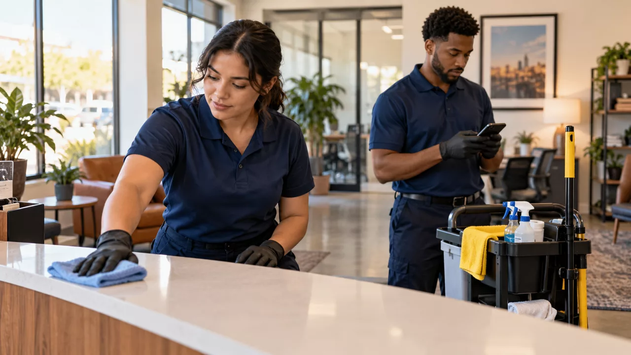 Illustrative cleaning crew using a job checklist at a business