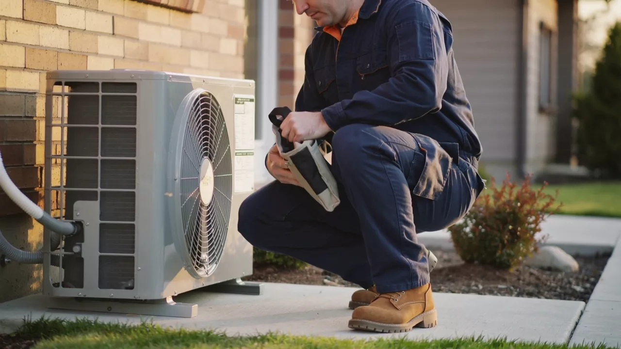 Illustrative HVAC contractor working at an outdoor air-conditioning unit