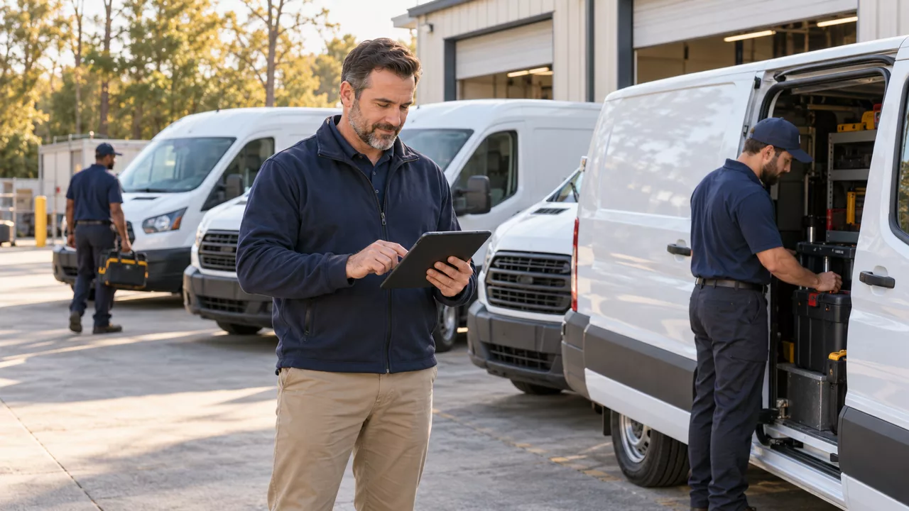 Illustrative fleet manager checking a tablet beside service vans