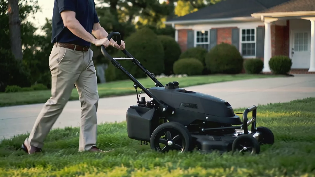 Illustrative lawn service professional preparing a scheduled visit