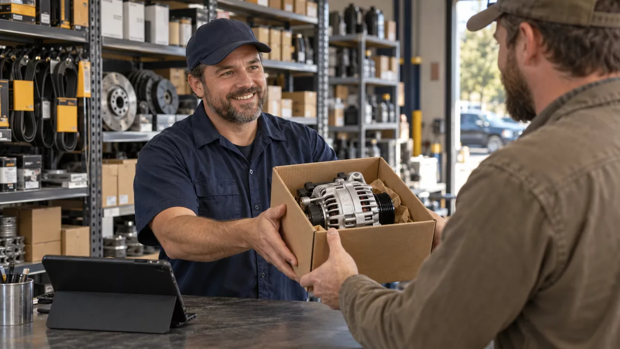 Illustrative parts counter worker handing an alternator to a customer