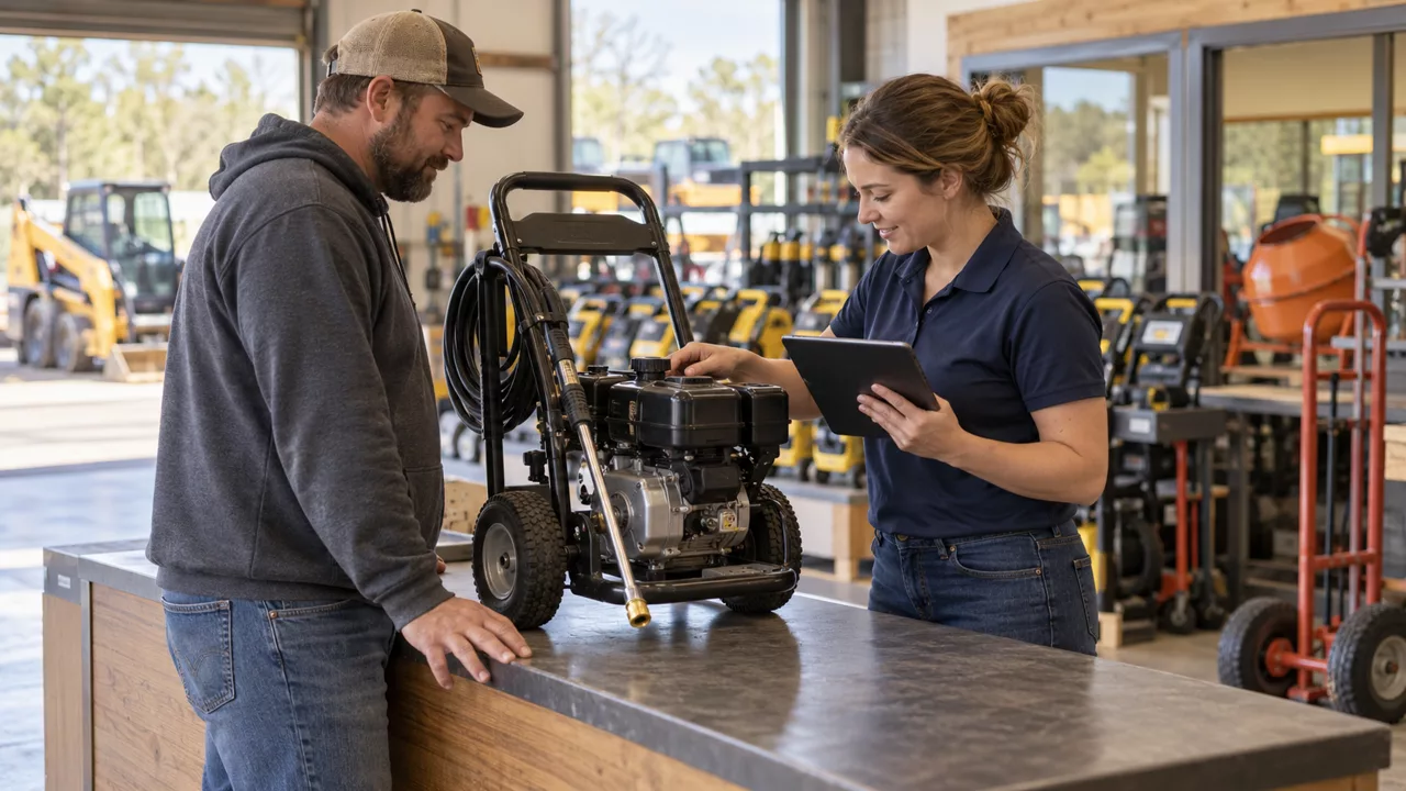 Illustrative equipment rental employee checking a returned pressure washer