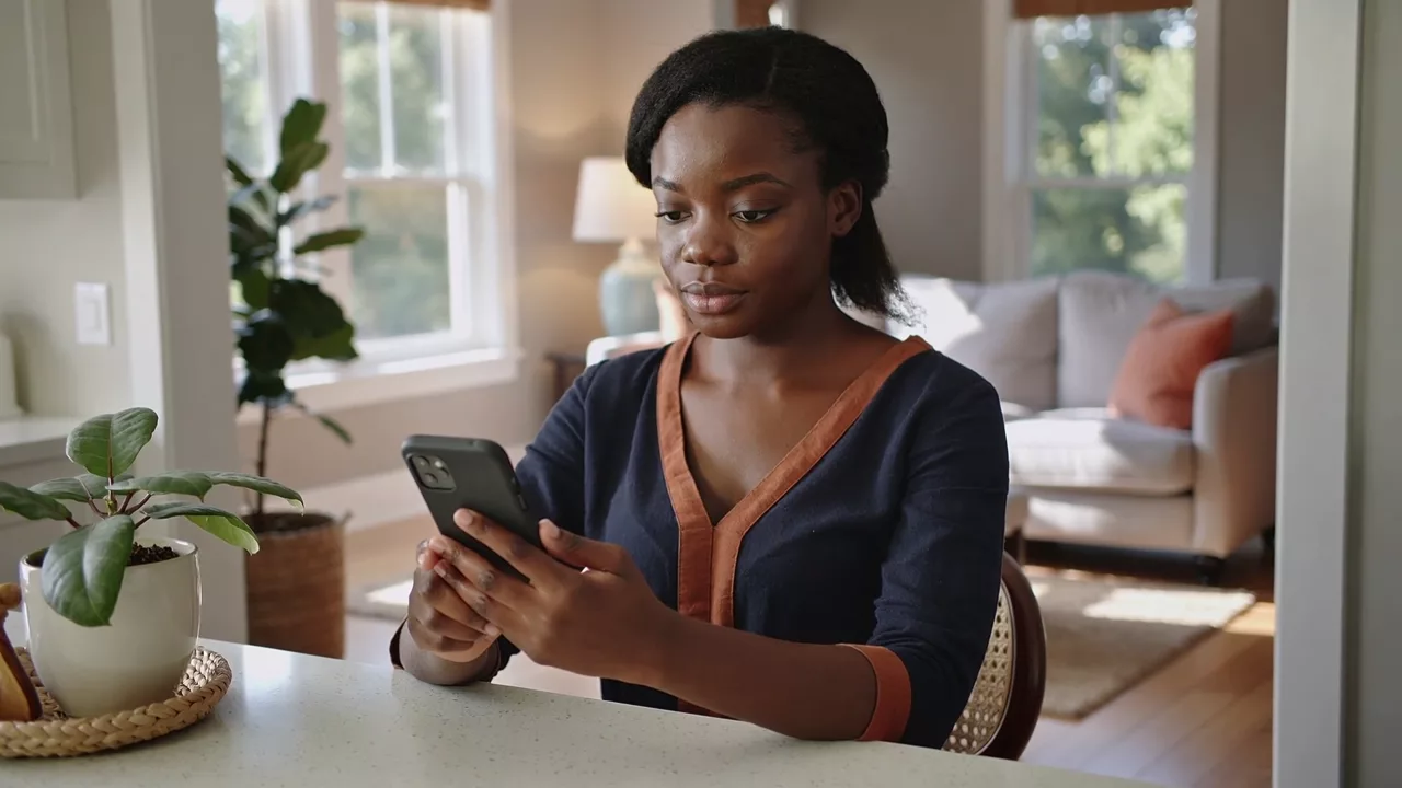 Illustrative tenant checking a payment message on a phone