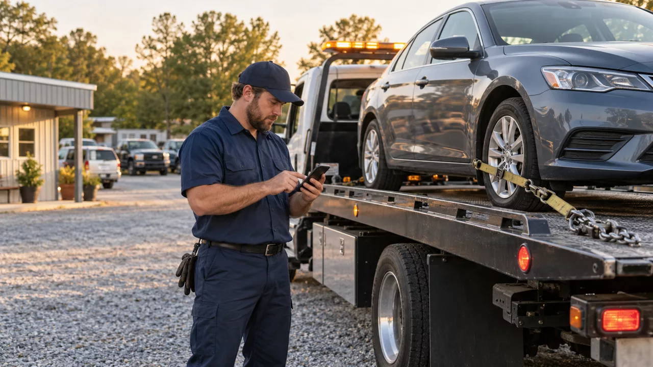 Illustrative tow operator reviewing phone intake beside a flatbed truck